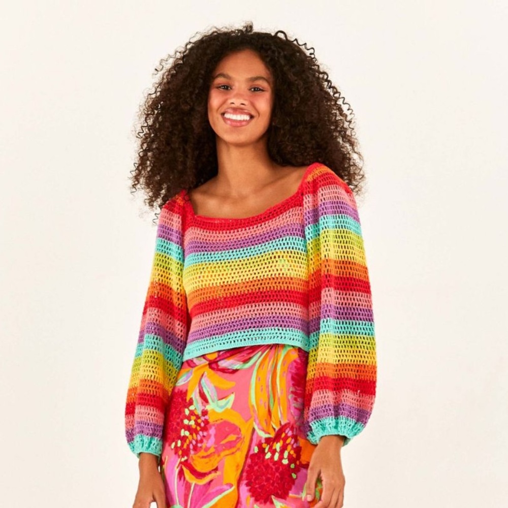 Farm Rio rainbow crochet pullover